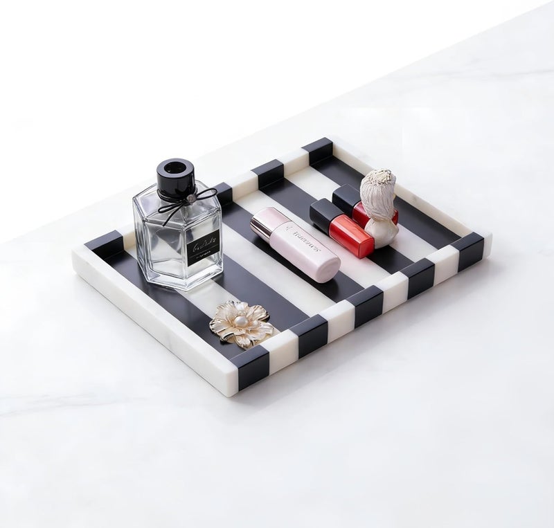 Artisanal Abode Striped Natural Marble Tray, Black White Geometric Rectangular Tray, Vanity Organizer for Jewelry, Makeup, Bath Essentials, Modern Home Decor - Image 1